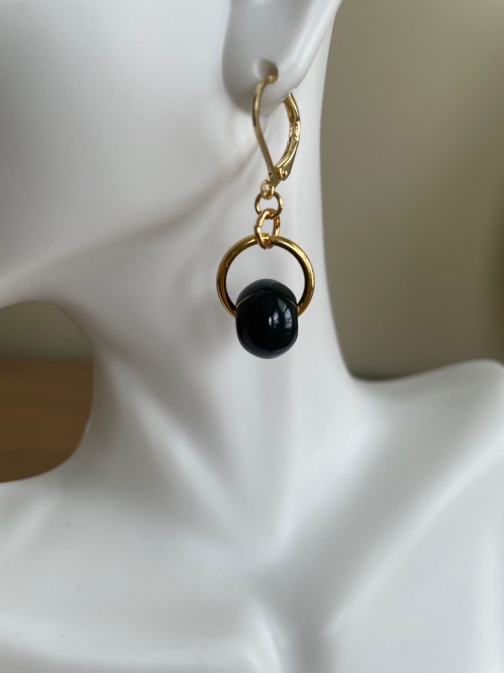 HAND CRAFTED EARRINGS Green Ceramic Bead on Gold Ring